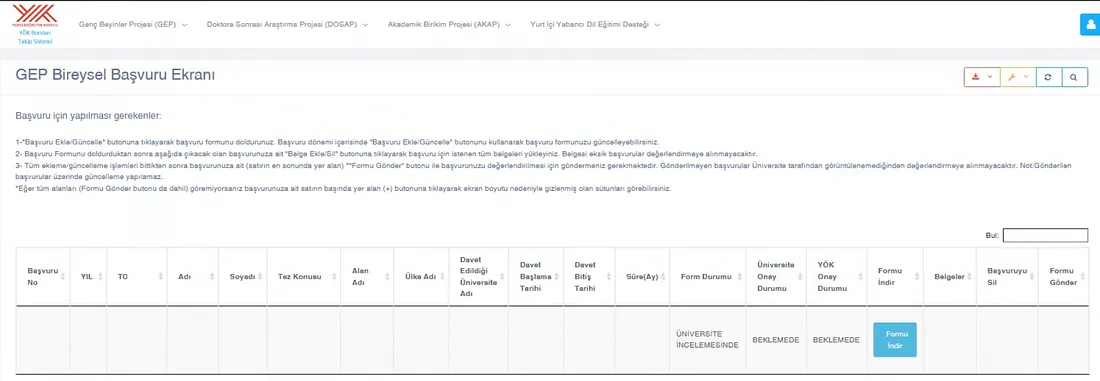 GEP Bireysel Başvuru Ekranı